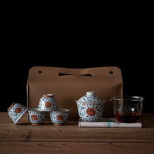 Load image into Gallery viewer, Blue Glazed Porcelain Tea Set (7 Pieces) (Chrysanthemum Pattern)